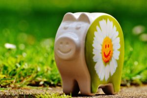 A ceramic piggy bank with a smile on its nose and a smiling daisy on the side with green grass in the background