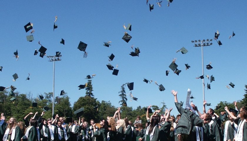 Group of graduates throwing their caps in the air