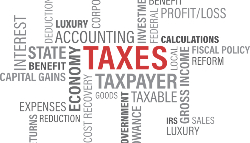 taxes spelled out in read with other words associated with taxes in grey