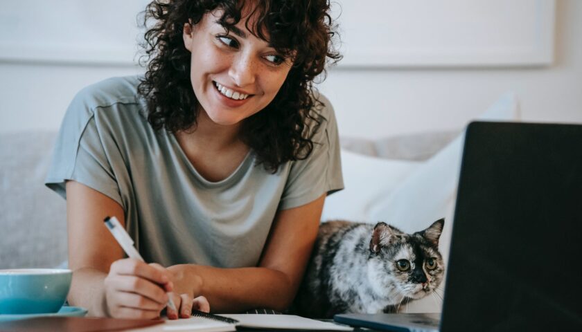 glad woman with cat writing in planner while using laptop